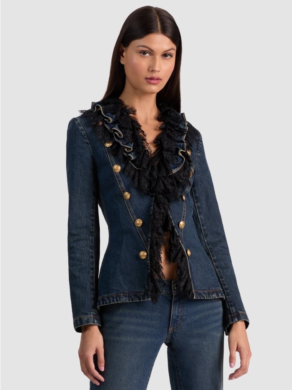 ELMIRA DENIM JACKET Ruffled Double-Breasted Dark Denim Jacket Size 0